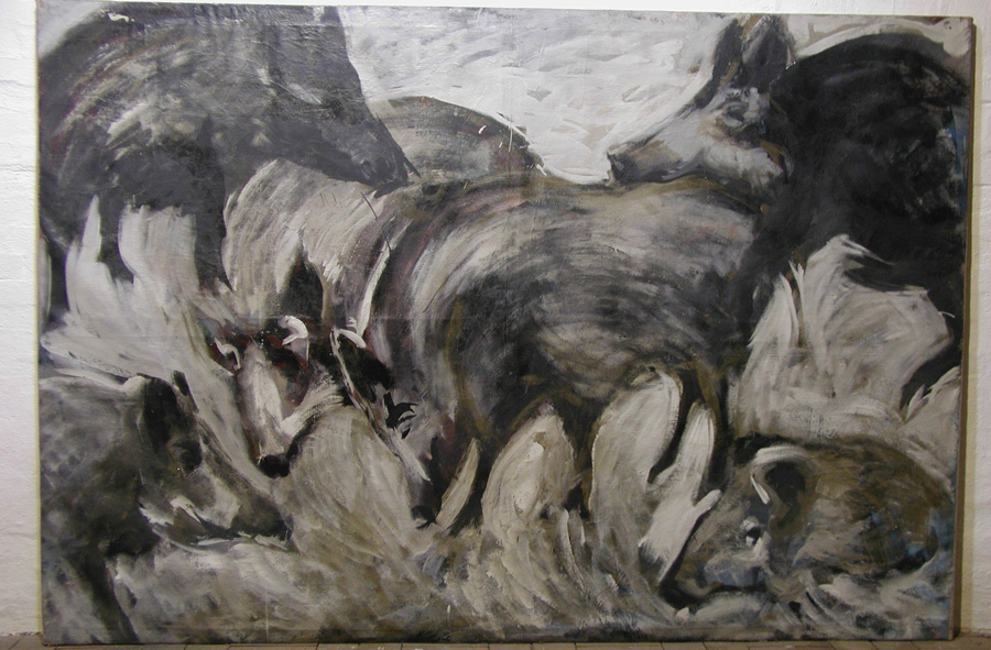 Wildschweine, ca 190 x 170 cmm Eitempera auf Leinwand